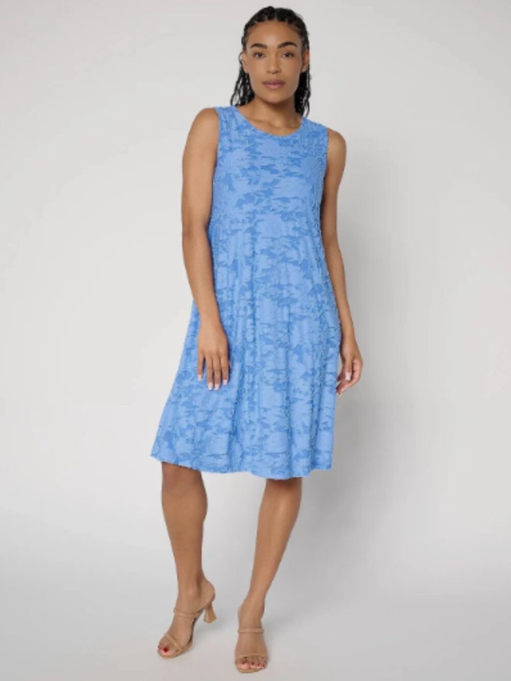 Susan Graver Burnout Knit Sleeveless A-Line Dress-Sunkissed Blue-Tall XS-A722258